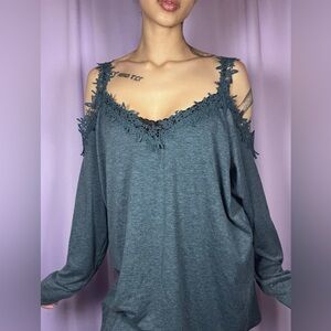 Turquoise Off-the-Shoulder Lace Crochet Long Sleeve Blouse Size L Embroidered